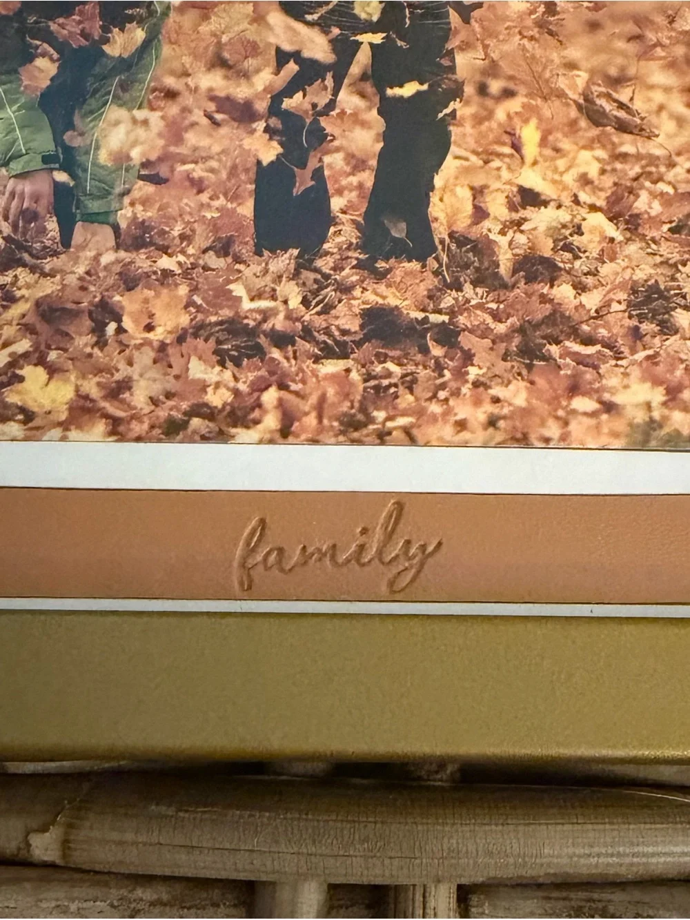 Gold Metal Picture Frame w Tan Lather 'Family' Tag - fits 3.5 x 5